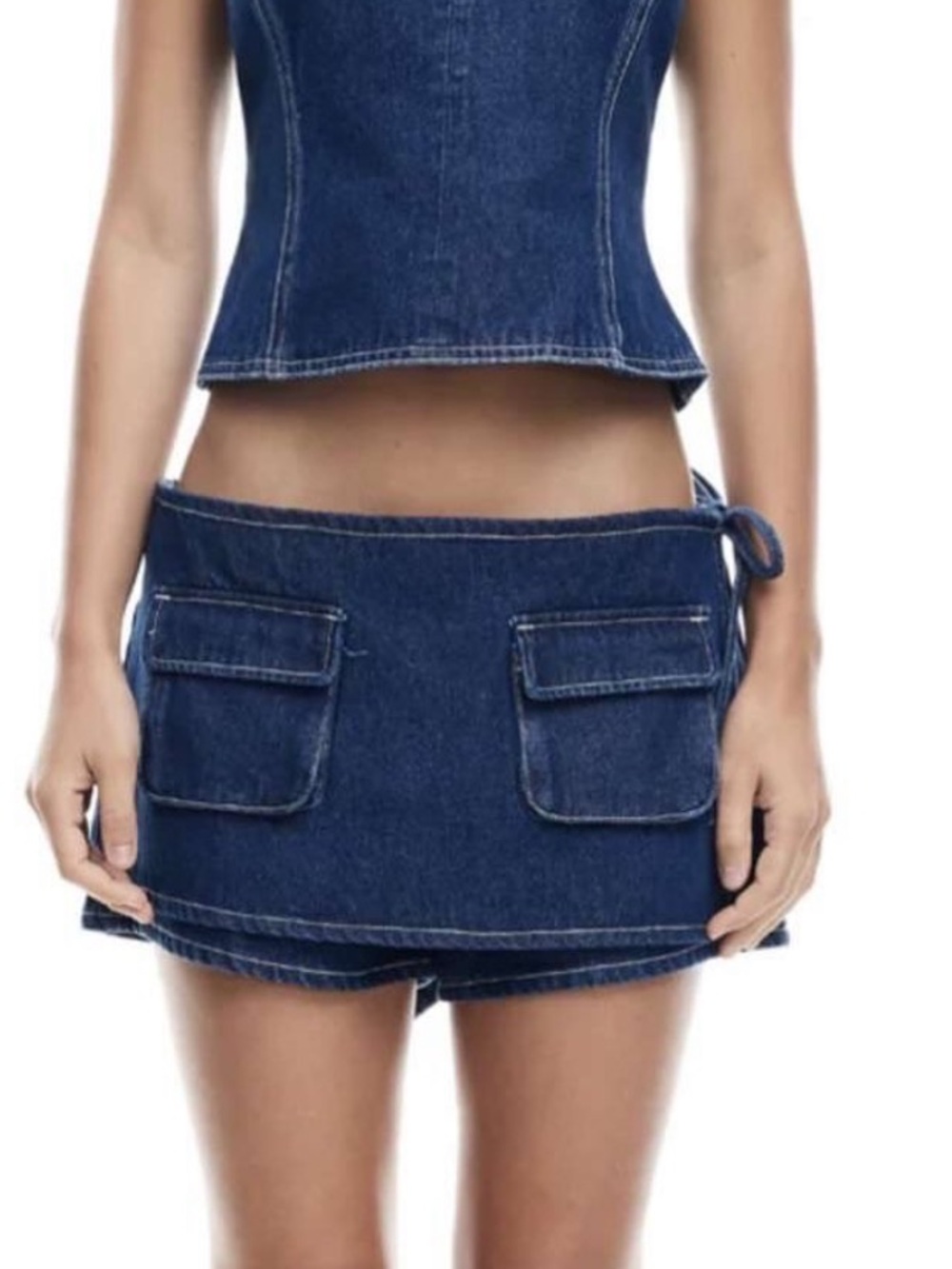 Lioness Dark Blue Mini Denim Jean Skirt with Patch Pockets, Tie Waist, & Shorts